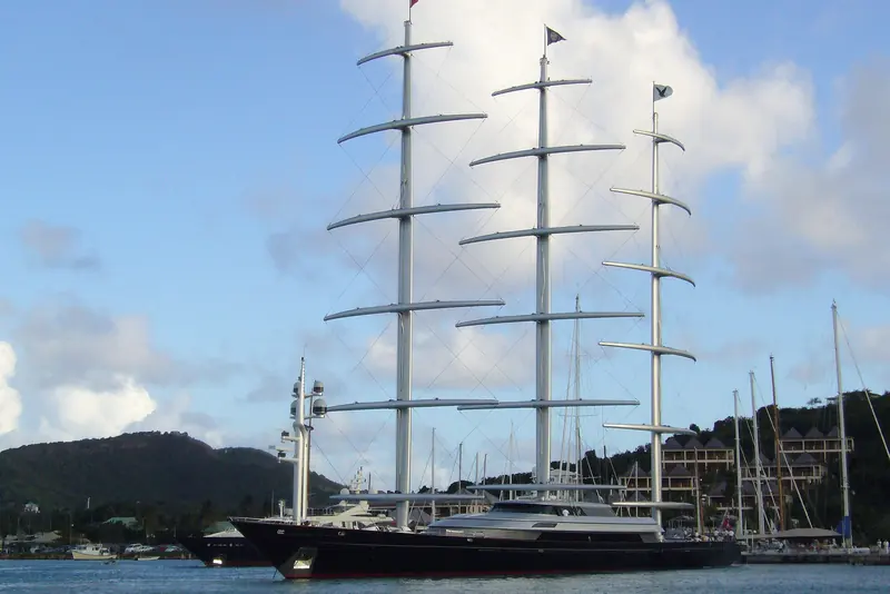 A three masted superyacht at anchor in Falmouth Harbour, Antigua