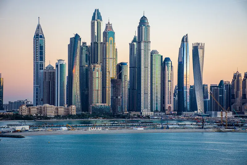 Dubai Marina skyline seen from the water of the Arabian Gulf