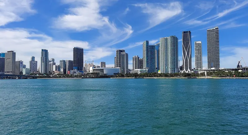 The Miami skyline seen from the water of Biscayne Bay, Florida