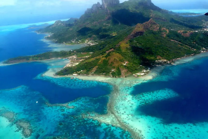 Aerial view of Bora Bora and its lagoon, French Polynesia