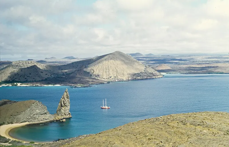 Pinnacle Rock and a yacht at anchor off Bartolomé Island, Galápagos