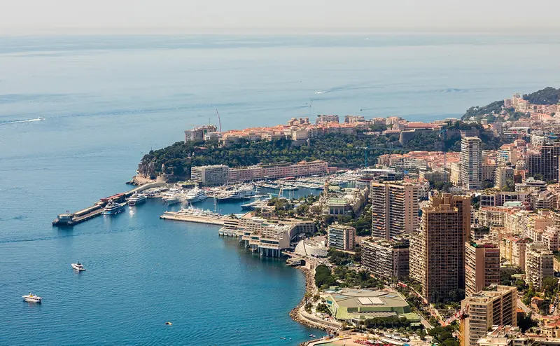 Aerial view of Monaco with Port Hercule and the Rock