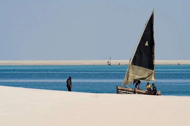 A traditional dhow on the sandbanks of Magaruque Island in the Bazaruto Archipelago, Mozambique