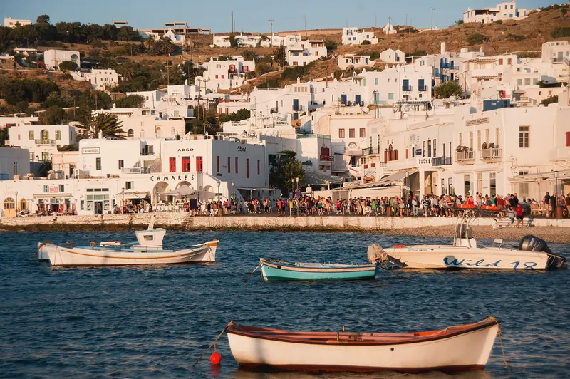 Fishing boats in the old harbour of Mykonos town, Greece