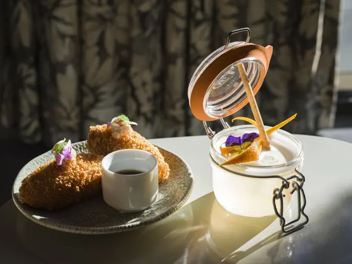 Fine dining dessert plated on board
